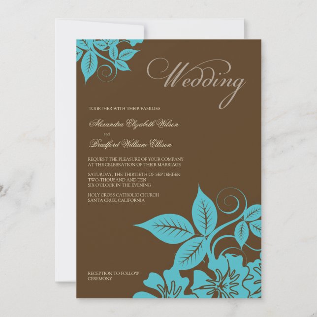 Invitación a la boda floral moderna Aqua/Brown (Anverso)