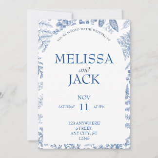Invitación a la boda floral moderna blanca y azul