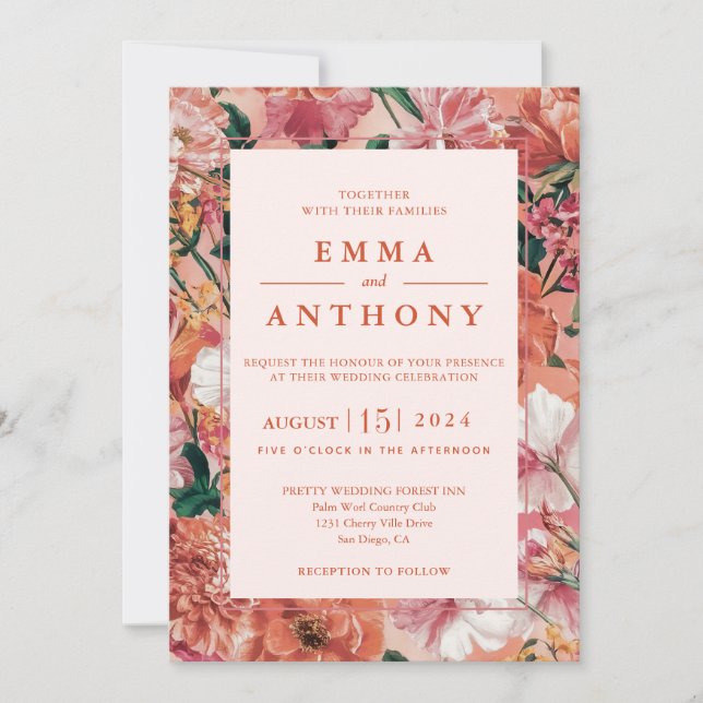 Invitación a la boda floral moderna con atardecer  (Anverso)
