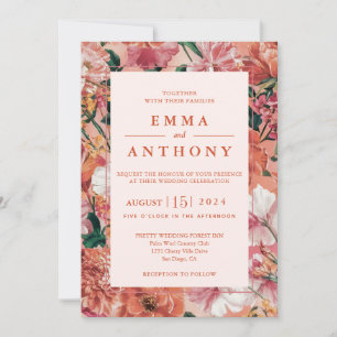 Invitación a la boda floral moderna con atardecer 