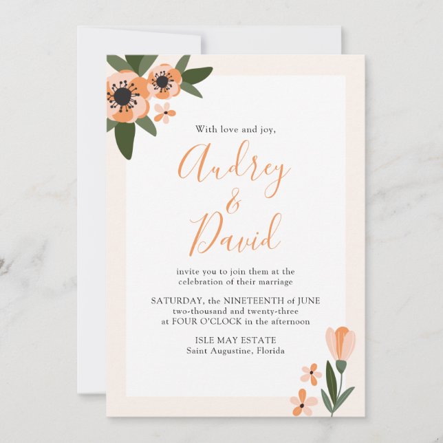 Invitación a la boda floral moderna de cada Naranj (Anverso)
