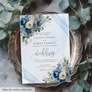 Invitación a la boda floral moderna de plata azul 