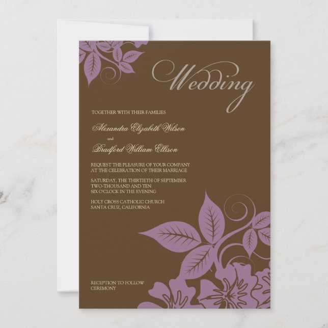 Invitación a la boda floral moderna Lilac/Brown (Anverso)