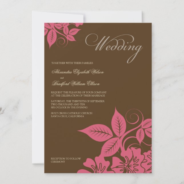 Invitación a la boda floral moderna rosa/marrón (Anverso)