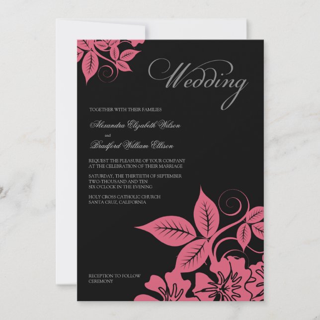 Invitación a la boda floral moderna rosa/negra (Anverso)