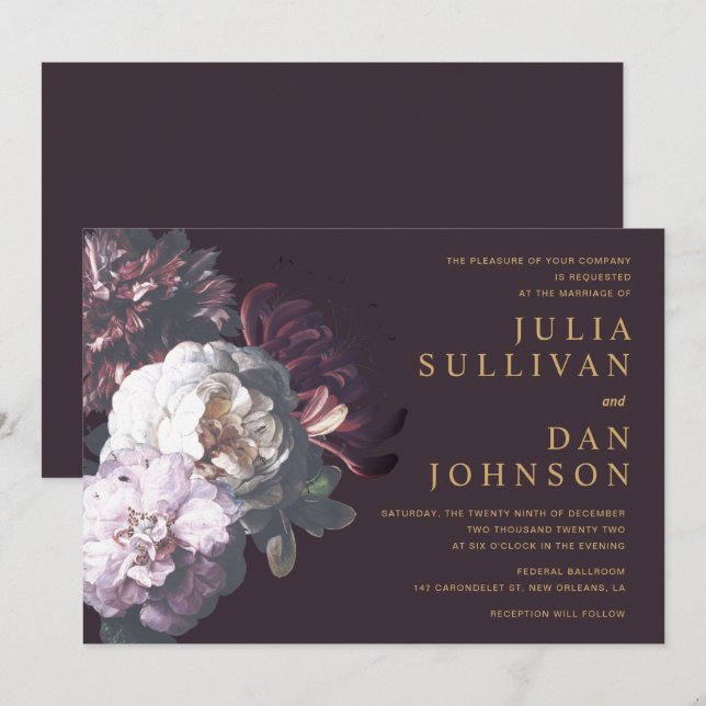 Invitación a la Boda Floral Morada de Pluma Oscura (Anverso / Reverso)