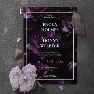 Invitación a la boda floral morada oscuro en Moody