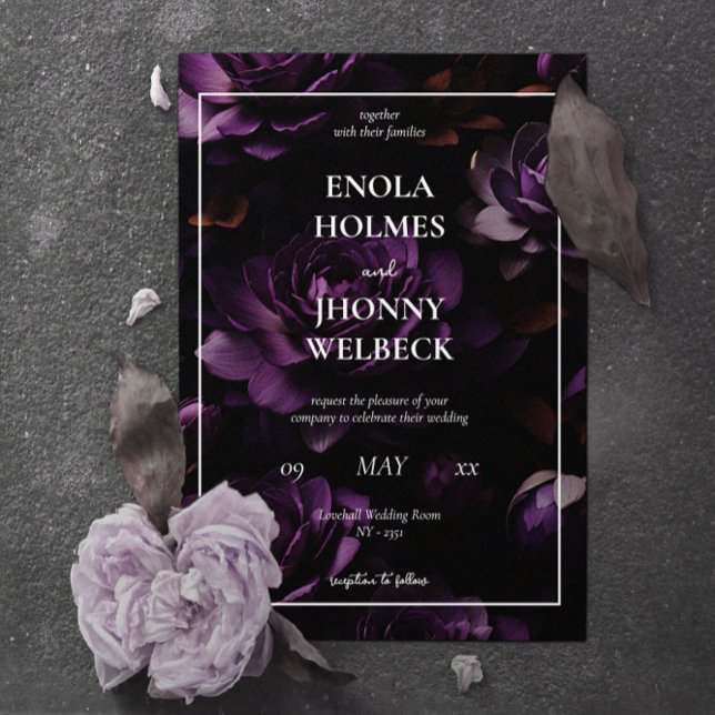 Invitación a la boda floral morada oscuro en Moody (Dark Moody Purple Floral Wedding Invitation)