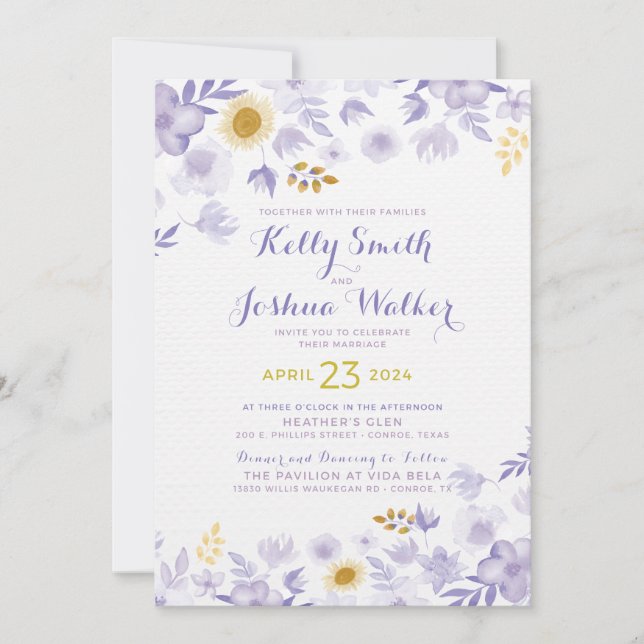 Invitación a la boda floral morada y amarilla (Anverso)