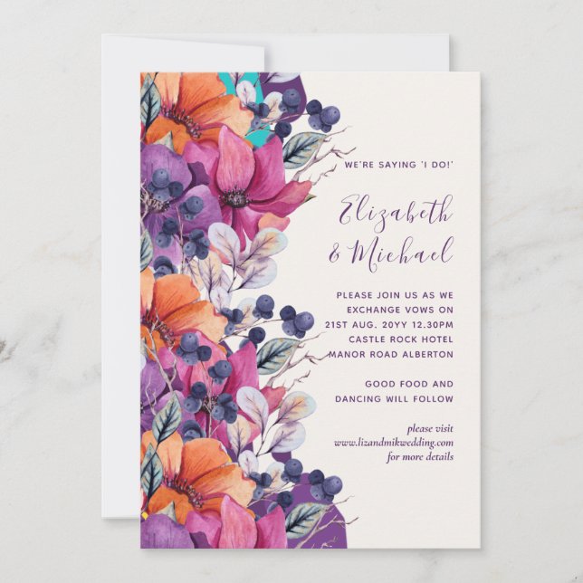 Invitación a la boda floral Naranja púrpura de 5x7 (Anverso)