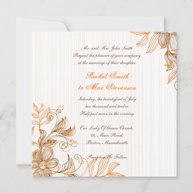 Invitación a la boda floral naranja y marrón (Anverso)