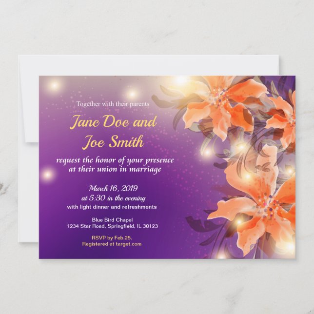 Invitación a la boda floral Naranja y púrpura (Anverso)