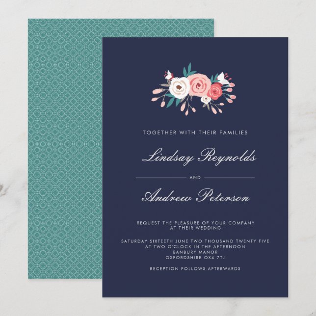 Invitación a la boda floral naval y coral (Anverso / Reverso)
