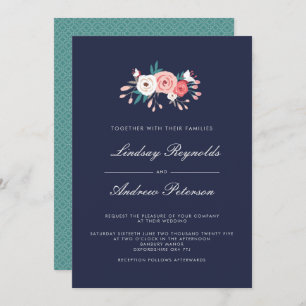 Invitación a la boda floral naval y coral