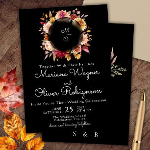 Invitación a la boda floral negra beige borgoñona