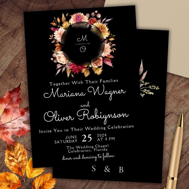 Invitación a la boda floral negra beige borgoñona (Subido por el creador)