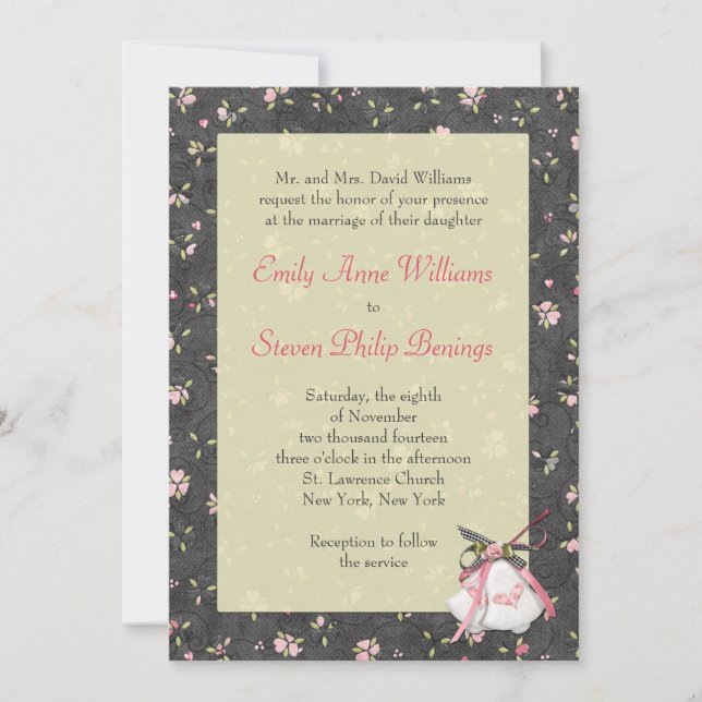 Invitación a la boda floral negra con campanas de  (Anverso)