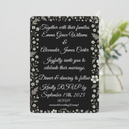Invitación a la boda floral negra con elegante bla