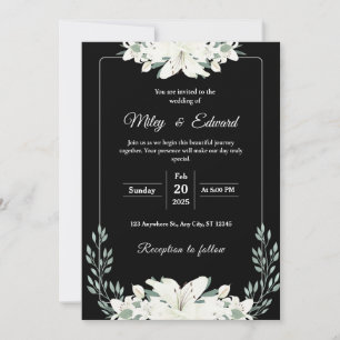 Invitación a la boda floral negra con Lily blanca