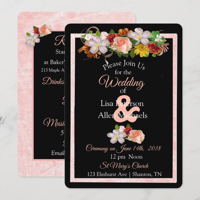 Invitación a la boda floral negra de Borgoña Rosa (Anverso / Reverso)