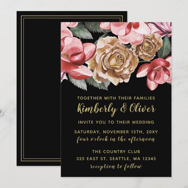 Invitación a la boda floral negra de Marsala (Anverso / Reverso)