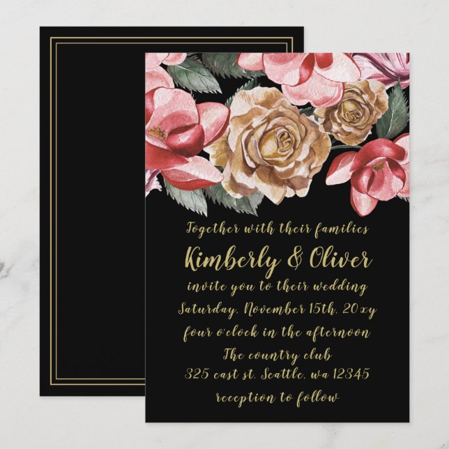 Invitación a la boda floral negra de Marsala (Anverso / Reverso)