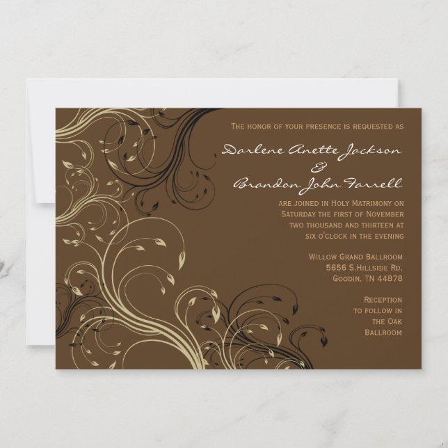 Invitación a la boda floral negra, marrón y blanca (Anverso)