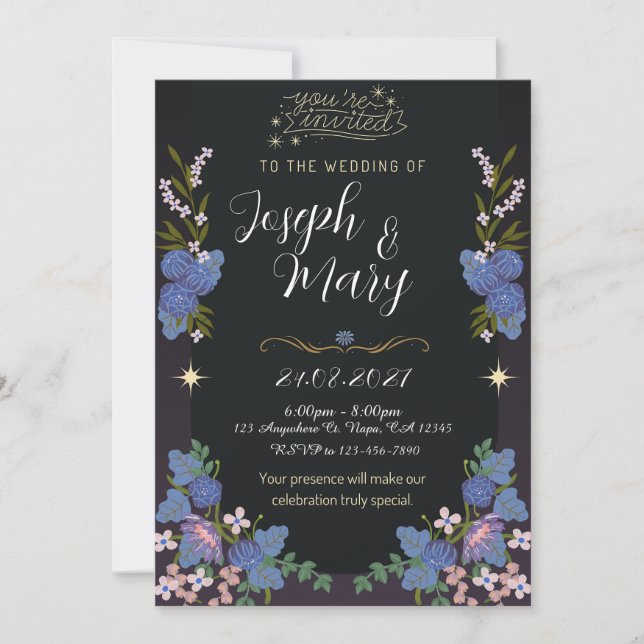 Invitación a la boda floral negra y azul (Anverso)