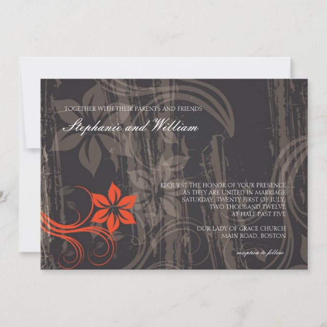 Invitación a la Boda Floral Negra y Roja (Anverso)