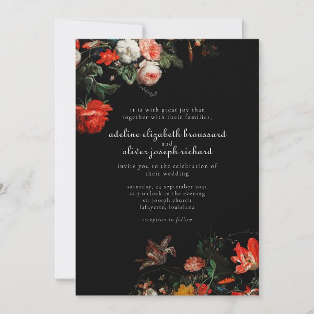Invitación a la Boda Floral Negra y Roja (Anverso)