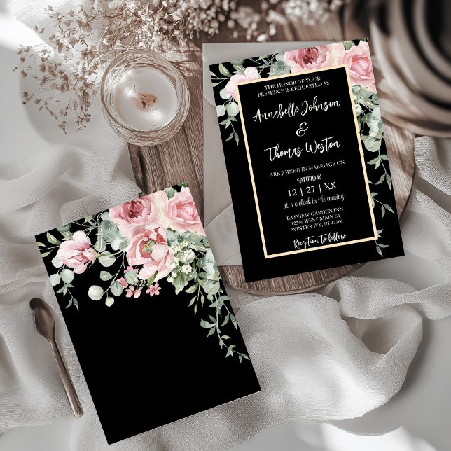 Invitación a la Boda Floral Negra y Rosa (Elegant Black, Pink Floral watercolor boho style with gold accents wedding invitation.)