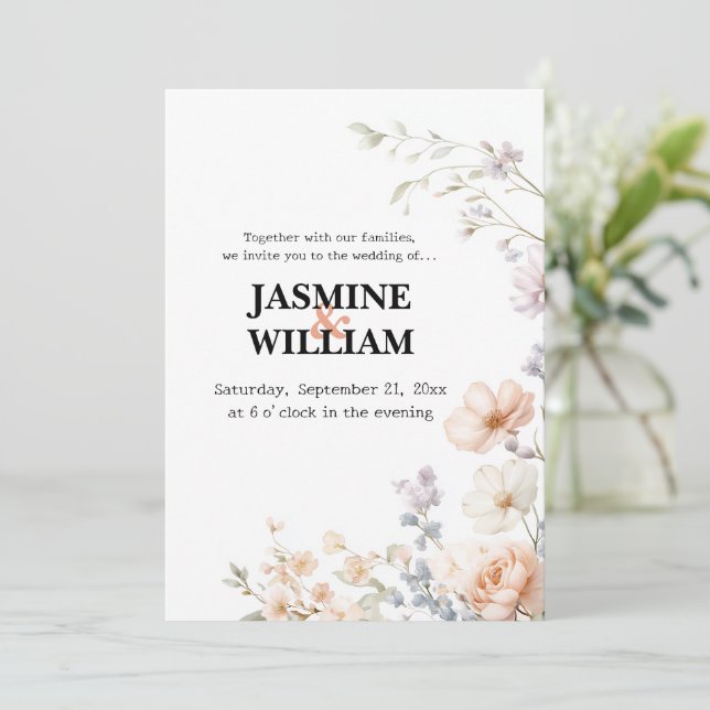 🤍 Invitación a la boda floral neutral Minimalista (Anverso de pie)
