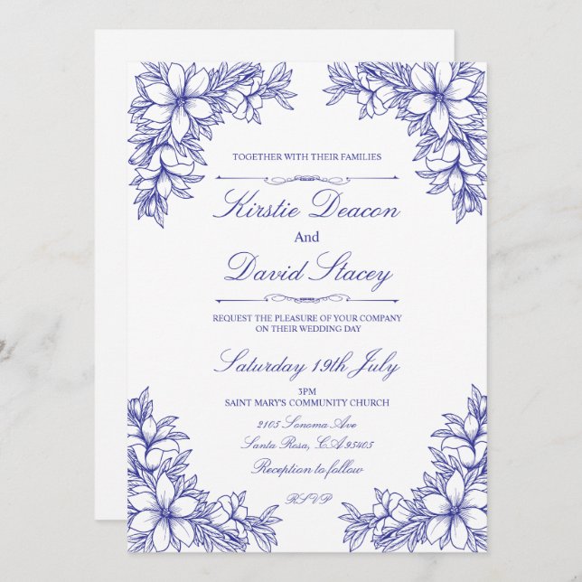 Invitación a la Boda Floral Ornate Azul (Anverso / Reverso)