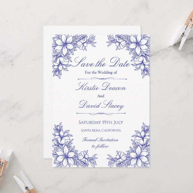 Invitación a la Boda Floral Ornate Azul (Anverso/Reverso In Situ)