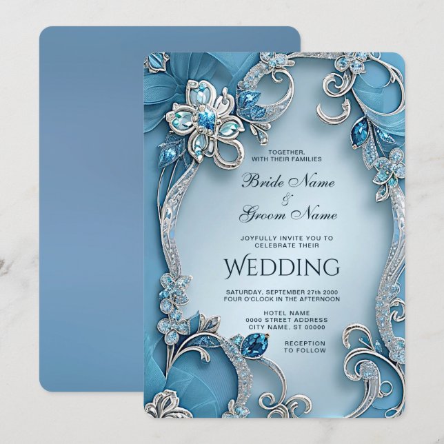 Invitación a la Boda Floral Ornate Azul (Anverso / Reverso)