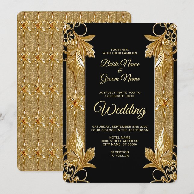 Invitación a la Boda Floral Ornate de Oro Negro (Anverso / Reverso)