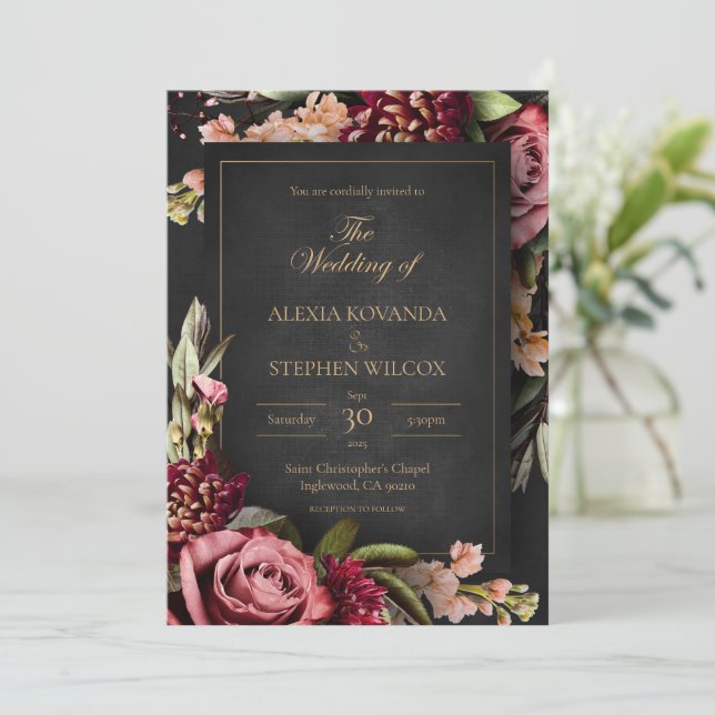 Invitación a la boda floral oscura (Anverso de pie)