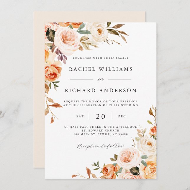 Invitación a la boda floral otoño Naranja moderno (Anverso / Reverso)