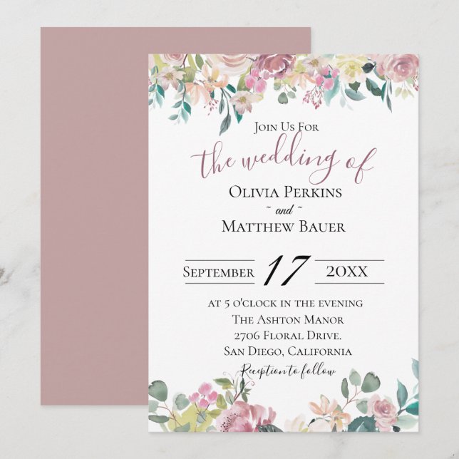Invitación a la Boda Floral Pale Mauve (Anverso / Reverso)