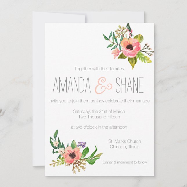Invitación a la boda floral pintada a mano con acu (Anverso)