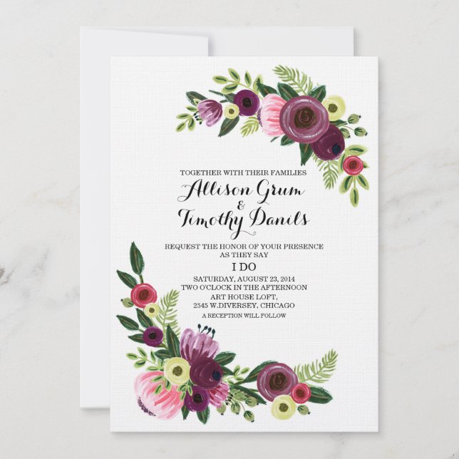 Invitación a la boda Floral pintada a mano en Borg (Anverso)