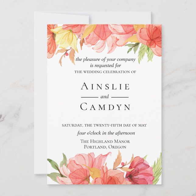 Invitación a la boda floral pintada por Wispy (Anverso)