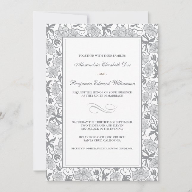 Invitación a la boda floral platinum (Anverso)