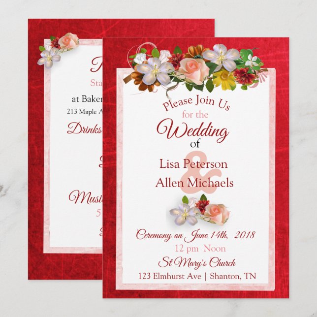 Invitación a la boda floral profunda de Rosa de Ru (Anverso / Reverso)