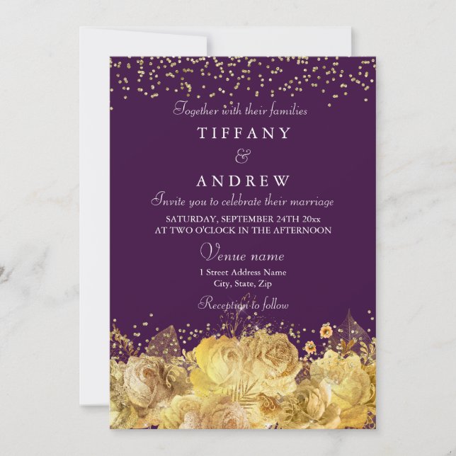 Invitación a la Boda Floral Purple & Gold (Anverso)