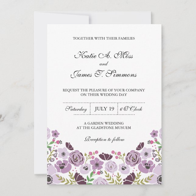Invitación a la boda floral| Púrpura (Anverso)