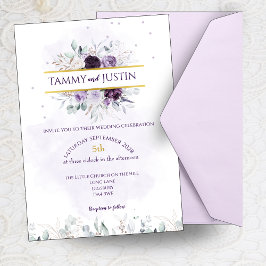 Invitación a la boda floral púrpura, blanca y lila