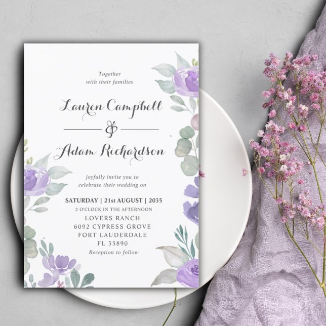 Invitación a la boda floral púrpura de eucalipto r (Subido por el creador)