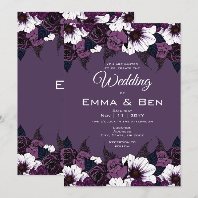 Invitación a la boda floral púrpura moderna (Anverso / Reverso)