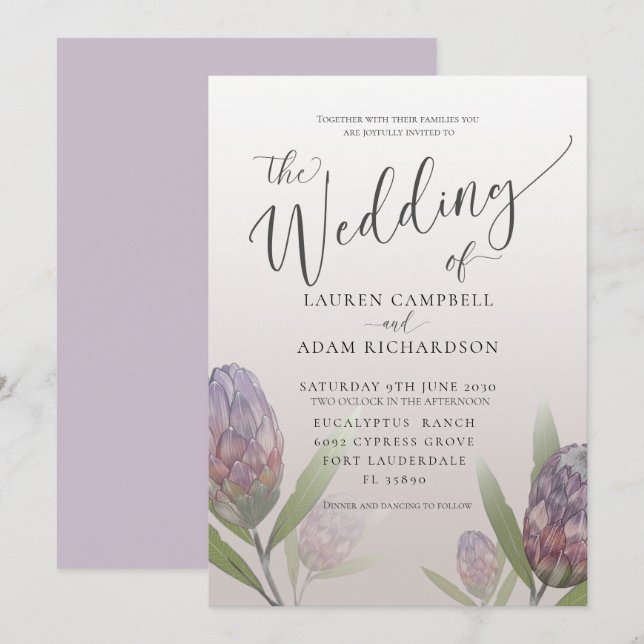 Invitación a la boda floral púrpura protésica mode (Anverso / Reverso)